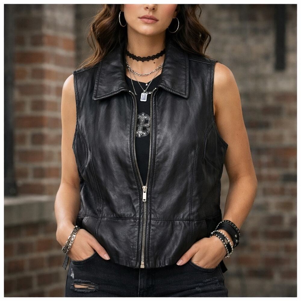 Lambskin Leather Biker Vest Women’s Motorcycle Grunge Punk Full Zip Black Size L